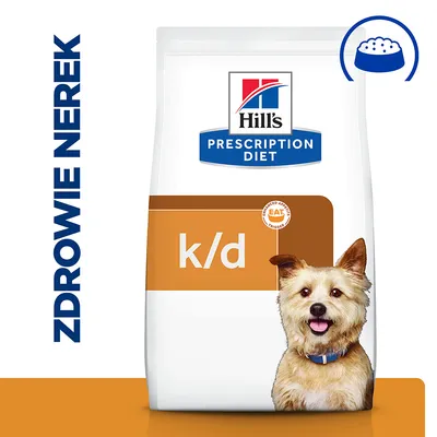 Hill's Prescription Diet k/d, opakowanie karmy z widocznym napisem ZDROWIE NEREK oraz symbolem miski. Na opakowaniu logo Hill's i oznaczenie k/d.