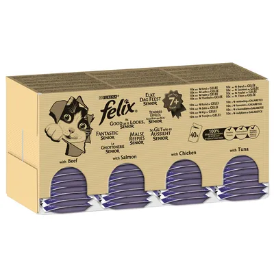 Purina Felix As Good As It Looks Senior cat food, 40 pouches for cats 7+ years, with beef, salmon, chicken and tuna. Visible text includes 'Fantastic Senior' and '100% complete nutrition'.