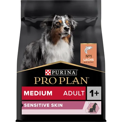 Purina Pro Plan Medium Adult 1+ Sensitive Skin, № 1 сьомга като съставка, храна за кучета с чувствителна кожа.