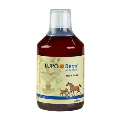 Flacon de 500 ml LUPO Derm + Lecithin Haut- & Haarkur, animaux illustrés (chien, chat, cheval) sur l’étiquette, texte en allemand visible.