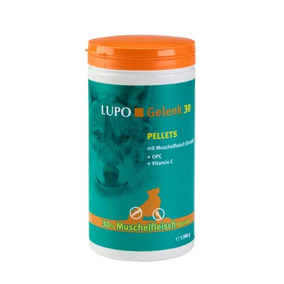LUPO Gelenk 30 -pelletit simpukkauuteella, OPC:lla ja C-vitamiinilla. 30 % simpukkauutetta, sisältö: 1 100 g.