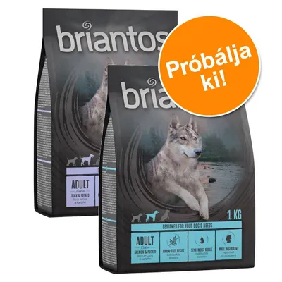 briantos ADULT kutyatáp csomagolás, 1 kg, lazac & burgonya, kacsahús & burgonya változatok, narancssárga körben: Próbálja ki!