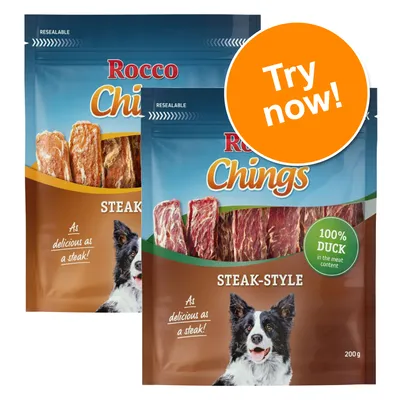 Two resealable steak-style snack packs with visible strips, green badge stating 100% duck in the meat content, and an orange circle reading 'Try now!'.