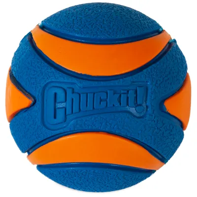 Chuckit! Lopta z modrej a oranžovej gumy so štruktúrovaným dizajnom, vhodná na hádzacie hry.