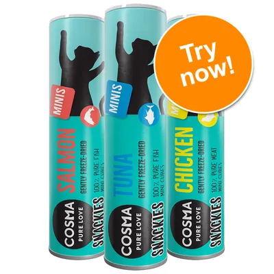 Cosma Snackies Minis in salmon, tuna and chicken flavours. Gently freeze-dried, 100% pure fish or meat mini cubes. Orange circle with text: Try now!