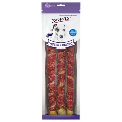 DOKAS 1 Meter Kaurolle met eend, verpakking met drie gedraaide kauwrollen zichtbaar in transparante zak, productnaam en merk duidelijk leesbaar op de verpakking.