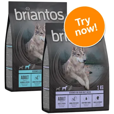briantos dog food bags, visible text: ADULT Salmon & Potato, Grain-Free Recipe, ADULT Duck & Potato, Semi-Moist Kibble, Made in Germany, Try now!