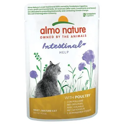 almo nature Intestinal Help natvoer voor volwassen katten, met gevogelte. Tekst: Adult · Mature Cat, With Poultry, Owned by the Animals, Fondazione Capellino.
