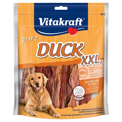 Vitakraft pure DUCK XXL Entenfleischstreifen, 100 % magert ankkött, TOP MARKE 2018. Förpackning med torkade ankstrimlor synlig samt bild på hund.