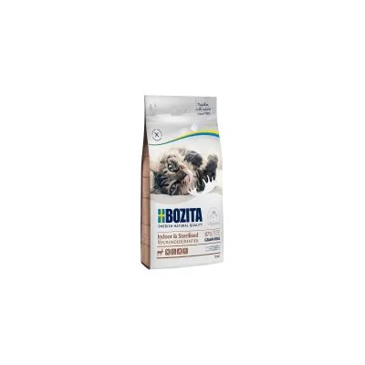 Sac de croquettes Bozita Indoor & Sterilized pour chat, texte visible : Swedish Natural Quality, 52 % chicken, 10 kg. Image d’un chat sur l’emballage.