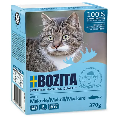 Bozita Swedish Natural Quality macskaeledel makrélával zselében, 370g. 100% állati fehérje, gabonamentes, természetes összetevőkkel főzve Vårgårda-ban.