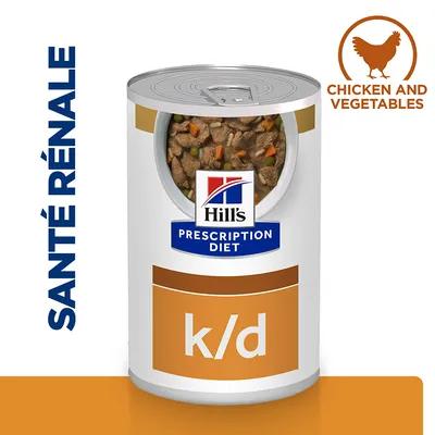 Boîte Hill's Prescription Diet k/d, santé rénale, poulet et légumes. Texte visible : SANTÉ RÉNALE, CHICKEN AND VEGETABLES. Boîte Hill's Prescription Diet k/d, santé rénale, poulet et légumes. Texte visible : SANTÉ RÉNALE, CHICKEN AND VEGETABLES.