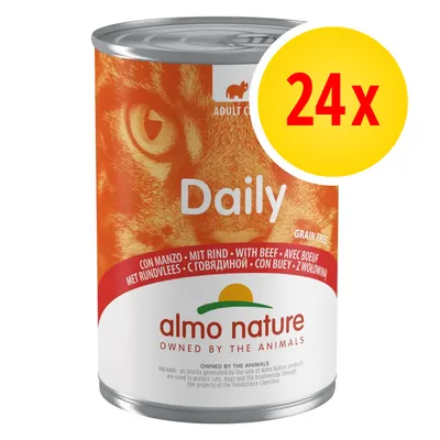 Confezione da 24 lattine Almo Nature Daily per gatti adulti, con manzo, senza cereali. Testo visibile: 'con manzo', 'Daily', 'almo nature', 'owned by the animals'.