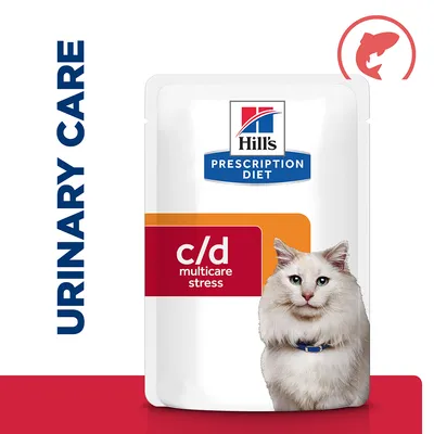 Hill's Prescription Diet c/d multicare stress pouch with urinary care text and fish icon, indicating food for urinary health support.