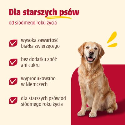 Dla starszych psów od siódmego roku życia, wysoka zawartość białka zwierzęcego, bez zboża i cukru, wyprodukowane w Niemczech.