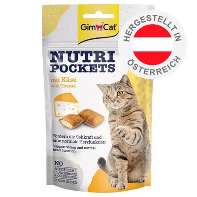 GimCat Nutri Pockets mit Käse, fördert Sehkraft und normale Herzfunktion, ohne künstliche Aromen oder Farbstoffe, hergestellt in Österreich