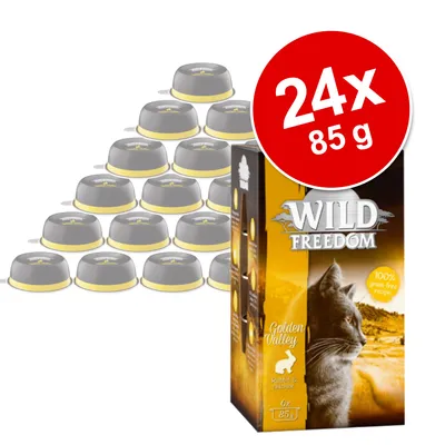 Συσκευασία Wild Freedom Golden Valley με 24 δοχεία των 85 γρ. για γάτες. Εμφανίζεται το κείμενο '100% grain-free recipe' και εικόνα γάτας στη συσκευασία.