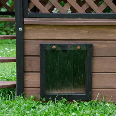 Porta basculante trasparente con cornice nera su casetta in legno per animali, pannelli orizzontali e dettagli a stella visibili.