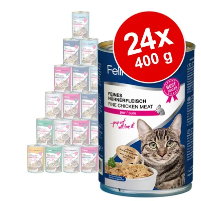 Feline Porta 24x400g Feines Hühnerfleisch pur. Ohne Zuckerzusatz, Best Seller. Serviervorschlag mit Katzenbild und Schale Hühnerfleisch.