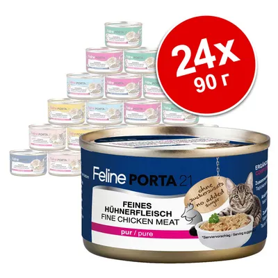 Feline PORTA 21 консервирана храна за котки, фино пилешко месо. Комплект 24×90 г. Видими надписи: ohne zuckerzusatz, no added sugar, pur/pure, fine chicken meat.