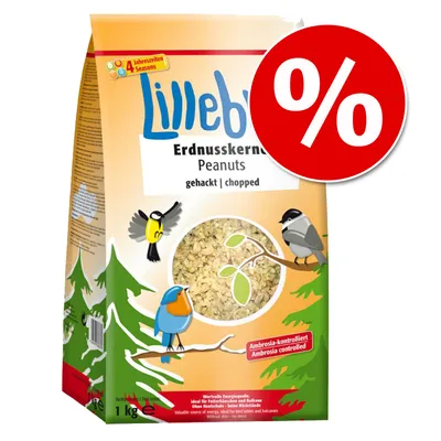 Lillebro Erdnusskerne Peanuts gehackt 1 kg, förpackning med synligt fönster och texten 'Ambrosia controlled', röd rabatt-symbol med procenttecken