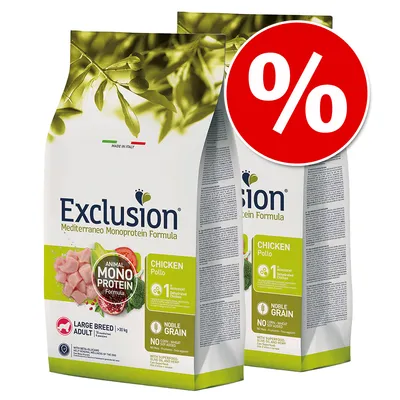 To sække Exclusion Mediterraneo Monoprotein Formula Chicken til store hunderacer, synligt tilbudssymbol med procenttegn. Tekst: Animal Mono Protein Formula, Noble Grain, No Corn-Wheat-Soya Added.