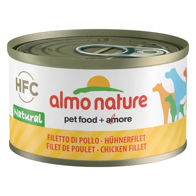 Konzerva Almo Nature HFC Natural, pet food + amore, fileto di pollo, piščančji file, večjezičen napis: filet de poulet, chicken fillet. Barvne silhuete živali na embalaži.