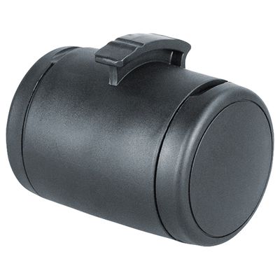 Contenitore cilindrico nero in plastica con clip visibile sul lato superiore.