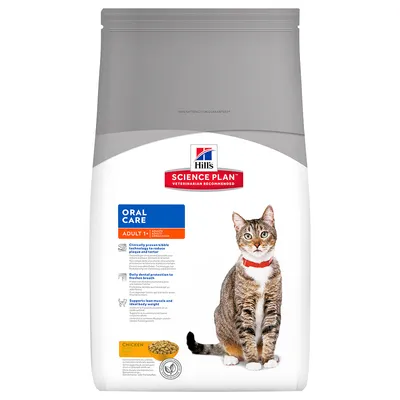 Hill's Science Plan Oral Care Adult 1+ para gatos, pollo. Imagen de un gato y croquetas en el envase. Texto visible: tecnología para reducir placa y sarro, protección dental diaria.