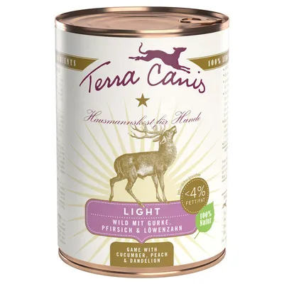Blik Terra Canis hondenvoer, Light variant. Wild met komkommer, perzik en paardenbloem. Minder dan 4% vet. 100% natuurlijk. Tekst deels in het Duits en Engels zichtbaar op het etiket.