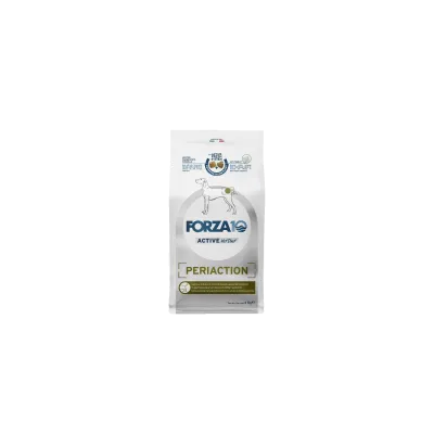 FORZA10 Active Line Periaction Tørfoder, billede af en hundesilhuet med markering, mærkat 'Fri for kemiske rester', italiensk flag øverst.