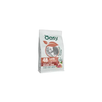 Oasy 48 Lam Hvalp & Junior Medium/Large, Monoprotein Formel, billede af lammekød og grøntsager på emballagen