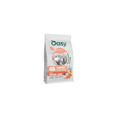 Oasy 48% Laks Adult Medium/Large, Monoprotein Formel, billede af laks og grøntsager på emballagen.