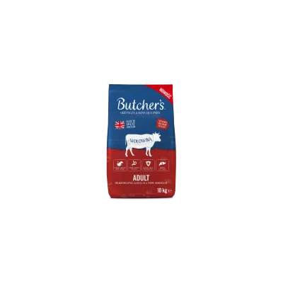 Butcher's Adult, 10 kg, med oksekød. Britisk flag og symboler for kød, hjertesundhed, immunsystem og led på emballagen.