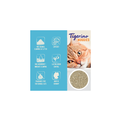 Tigerino Nuggies. Fintkornet, klumpende kattegrus, støvfattig, høj absorberingsevne, langvarig lugtkontrol, uden duftstoffer, Made in Germany.