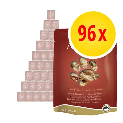 Applaws Thunfischfilet und Pazifikgarnelen, 96 x 70g Beutel, Abbildung der Verpackung mit gelbem Kreis und roter Aufschrift '96x'