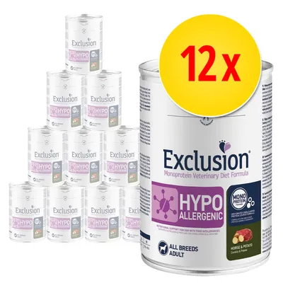 Exclusion Hypoallergenic Monoprotein Veterinary Diet Formula -koiranruoka, 12 x tölkkiä. Etiketissä teksti: HYPOALLERGENIC, MONOPROTEIN, HORSE & POTATO, ALL BREEDS ADULT.