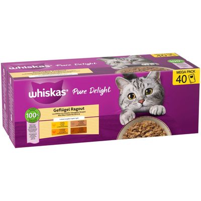 whiskas Pure Delight Fjerkræ Ragout Mega Pack 40 portioner, 100% afbalancerede måltider, Fodringsanbefaling og næringsværditabel synlig på emballagen.
