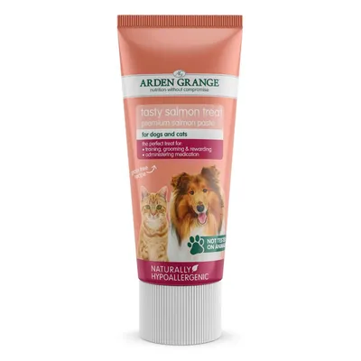 Tube labelled tasty salmon treat premium salmon paste for dogs and cats, grain free recipe, naturally hypoallergenic, not tested on animals, suitable for training and administering medication.
