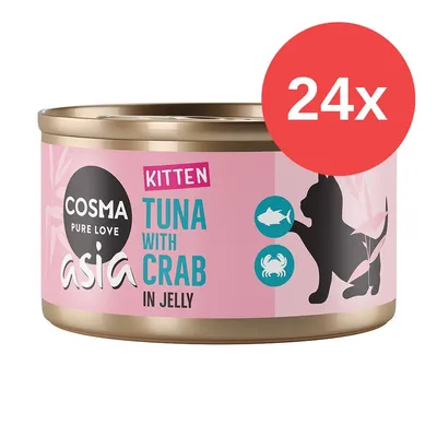 Confezione da 24 lattine Cosma Asia Kitten Tuna with Crab in Jelly, etichetta rosa con silhouette di gatto e simboli di tonno e granchio. Testo visibile solo in inglese. Confezione da 24 lattine Cosma Asia Kitten Tuna with Crab in Jelly, etichetta rosa con silhouette di gatto e simboli di tonno e granchio. Testo visibile solo in inglese.