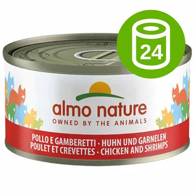 almo nature Chicken and Shrimps, puszka z kurczakiem i krewetkami, zestaw 24 sztuki. Widoczne napisy: POLLO E GAMBERETTI, Huhn und Garnelen, Poulet et Crevettes, Chicken and Shrimps.
