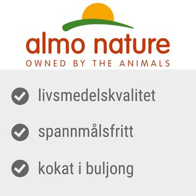 almo nature, OWNED BY THE ANIMALS. livsmedelskvalitet, spannmålsfritt, kokat i buljong.