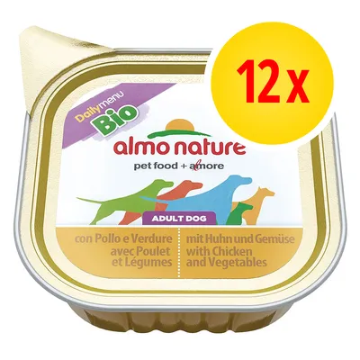 Barquette Almo Nature Daily Menu Bio pour chien adulte, avec poulet et légumes, lot de 12. Texte visible : Adult Dog, pet food + more, avec Poulet et Légumes.