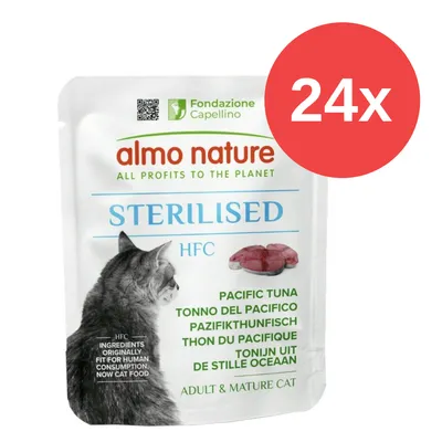 almo nature STERILISED HFC Pacific Tuna, pack de 24 sobres para gato adulto y maduro. Texto visible: Fondazione Capellino, ingredientes originalmente aptos para consumo humano.