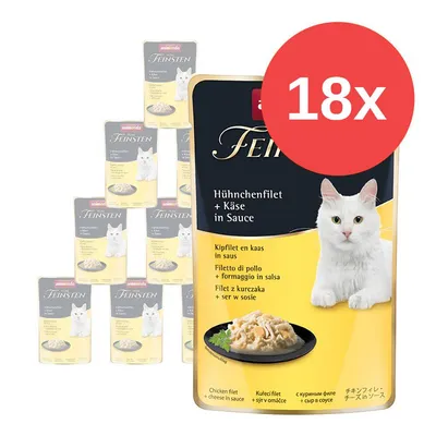 Animonda Feinsten Hühnchenfilet + Käse in Sauce, 18× kapsička s kuřecím filetem a sýrem v omáčce, obrázek bílé kočky na obalu.