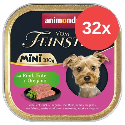 animonda vom Feinsten MINI 100g, mit Rind, Ente + Oregano, pack de 32 unidades. Imagen del envase con porción de comida y texto en varios idiomas.