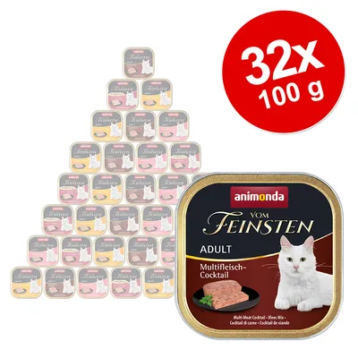 Animonda Vom Feinsten Adult Multifleisch-Cocktail, 32x100g. Nassfutter für Katzen mit Abbildung einer weissen Katze und Produktverpackung.