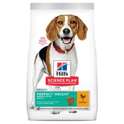 Hill's Science Plan Perfect Weight Medium 11–25 kg Adult 1+ med kylling. Clinically proven nutrition to reach & maintain healthy weight. No artificial colors, no artificial flavors.