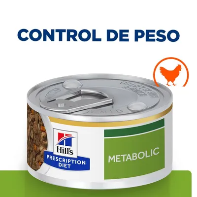 Lata de Hill's Prescription Diet Metabolic con texto 'CONTROL DE PESO' y silueta de pollo naranja visible en la imagen.