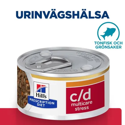 Hill's Prescription Diet c/d multicare stress våtfoderburk. Text: URINVÄGSHÄLSA, tonfisk och grönsaker. Synligt foderinnehåll i burken.